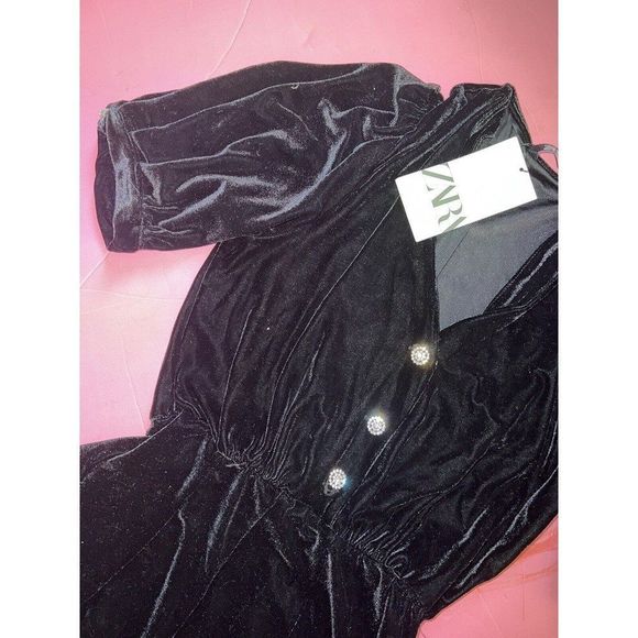 NWT Zara S DRESS VELOUR BLACK SHORT RUFFLED SILVER crystallized BUTTONS - Picture 2 of 5